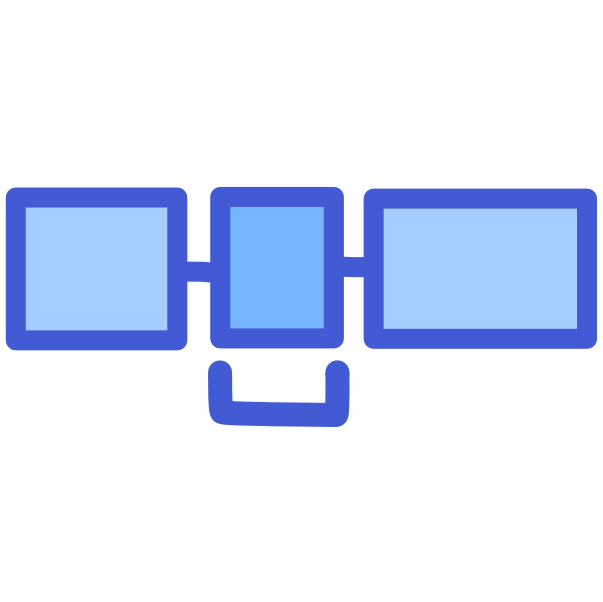 3 blue rectangles attached to each other, the middle rectangle is a darker colored blue with a bracket beneath it aligned with each end of the rectangle.